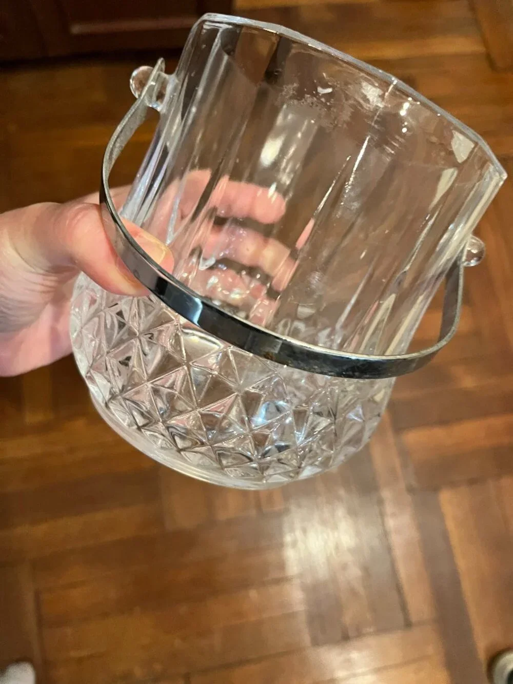 intage MCM Clear Pressed Glass Ice Bucket Chrome Swing Handle Paneled Diamond Cu